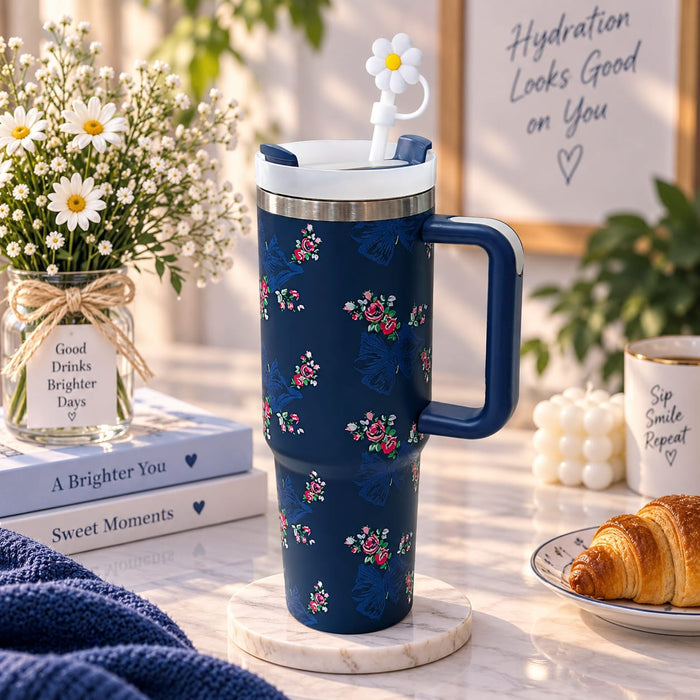 Elegant Floral Insulated Tumbler with Straw & Handle