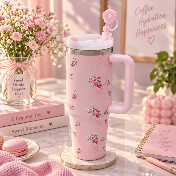 Floral Pink Vacuum Insulated Tumbler with Handle & Flower
